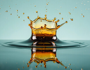 Amber Honey Splash Crown in Midair with Reflection on Mint Background