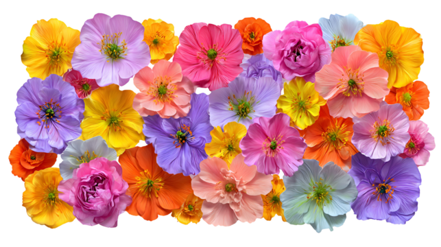 A vibrant collage of colorful blooming pansy flowers isolated on transparent background
