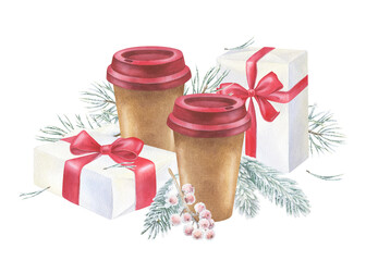 Coffee and Christmas presents. Watercolor illustration of a Snow covered winter plants and hot drinks on New Year's Eve. Hand drawn sketch on white isolated background. Water color painting art