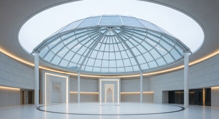 Modern Architectural Interior with Glass Dome and Circular Platform.