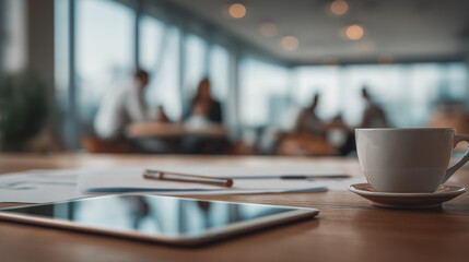 A coffee cup, tablet, and documents