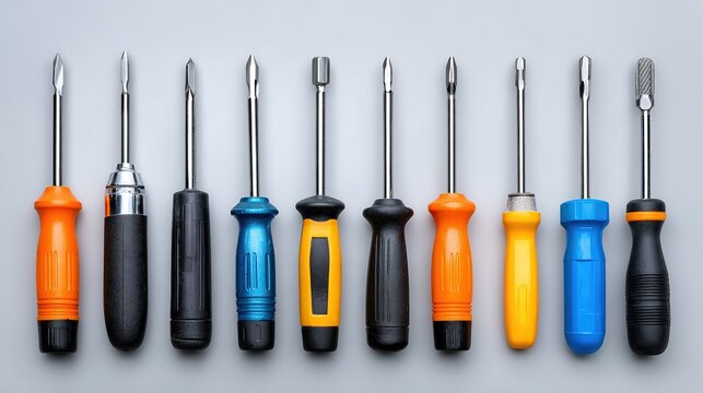 Assortment of colorful screwdrivers with various tips arranged in  row on  neutral gray background