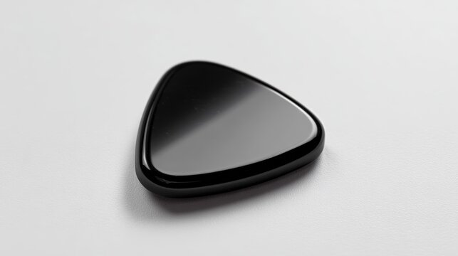 Glossy black triangular guitar pick resting on  textured gray surface showcasing its smooth contours and reflective sheen
