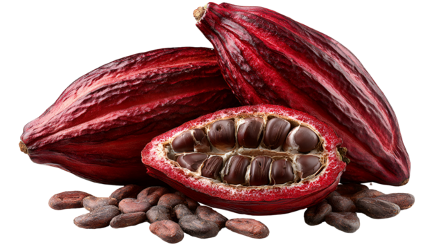 Three ripe red cocoa pods with beans inside and scattered cocoa beans isolated on transparent background