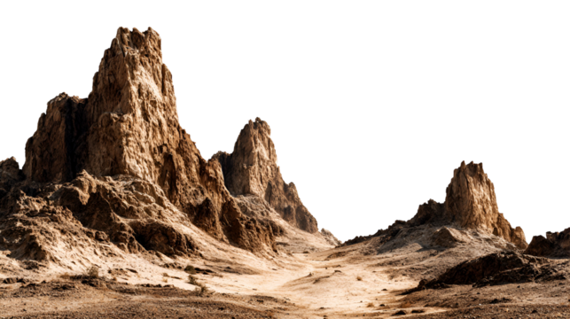 Alien desert landscape with towering rock formations isolated on transparent background