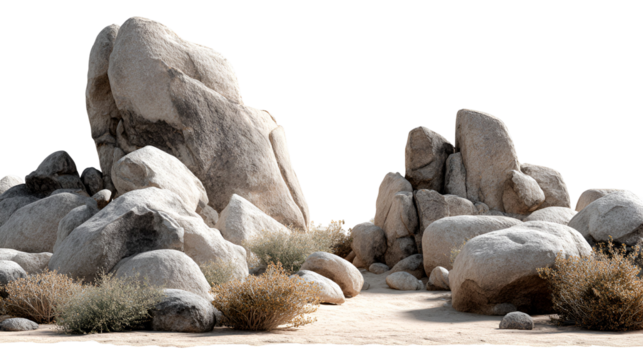 Large desert rock formations with sparse vegetation isolated on transparent background