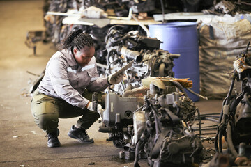 Black female technician check used car damaged engine at scrapyard warehouse recycle area part. African American engineer inspecting rusty oily auto motor old spare part in junkyard for reuse service