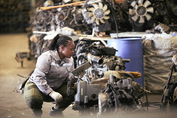 Black female technician check used car damaged engine at scrapyard warehouse recycle area part. African American engineer inspecting rusty oily auto motor old spare part in junkyard for reuse service