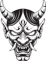 Black and white illustration of a fierce Japanese Oni demon mask with sharp horns fangs and an angry expression.