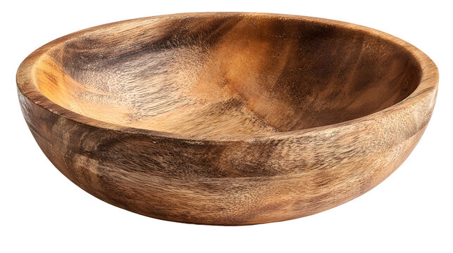 Rustic wooden bowl with natural grain texture isolated on transparent background