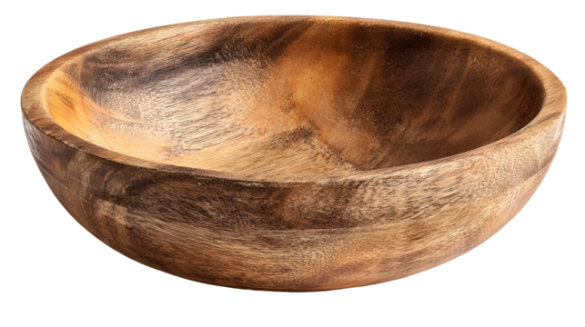 Rustic wooden bowl with natural grain texture isolated on transparent background