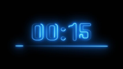 Neon timer seconds illustration. Neon countdown clock number on black background.