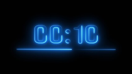 Neon timer seconds illustration. Neon countdown clock number on black background.