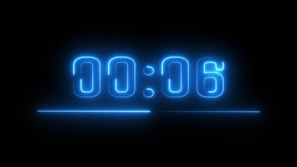 Neon timer seconds illustration. Neon countdown clock number on black background.