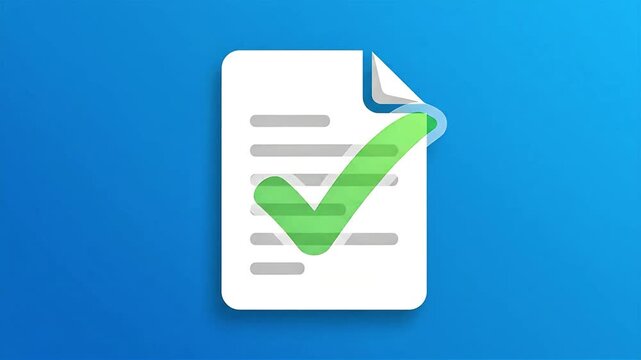 Minimal vector animation of a document icon with checkmark appearing in a smooth loop, symbolizing approval and completion