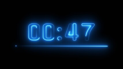 Neon timer seconds illustration. Neon countdown clock number on black background.