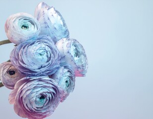 Soft Pastel Ranunculus Flowers Bouquet on Light Blue Background