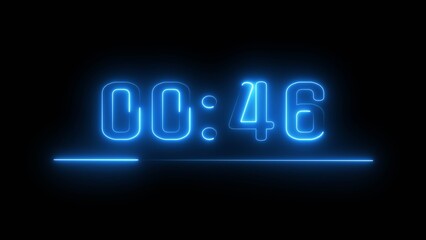 Neon timer seconds illustration. Neon countdown clock number on black background.