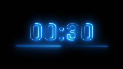 Neon timer seconds illustration. Neon countdown clock number on black background.
