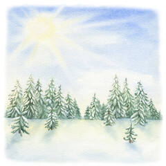 Winter landscape of coniferous Forest and Snow. Watercolor illustration of a sunny morning with Christmas trees. Hand drawn vintage sketch on white isolated background. Water color painting art image