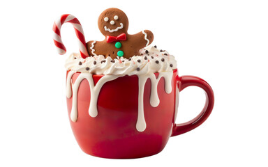 Christmas mug of hot chocolate with cream and sweets on a transparent background