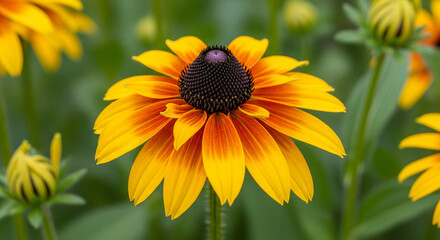 Vibrant Black-Eyed Susan Flower Blooming in Garden Sunlight, Close-up View