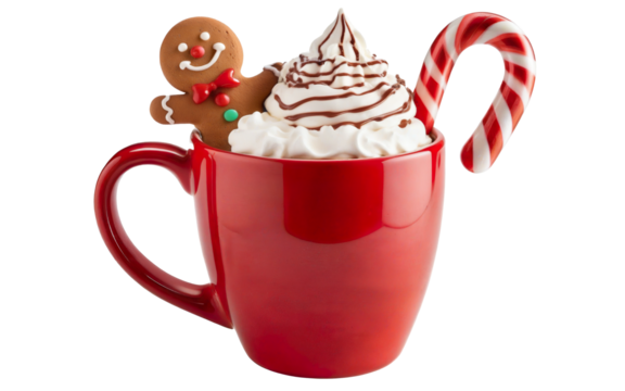 Christmas mug of hot chocolate with cream and sweets on a transparent background