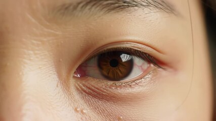 Closeup of a young womans eye with tears streaming down her face conveying deep sadness emotional pain and vulnerability highlighting the raw human experience of crying.
