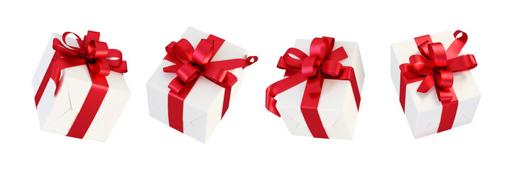 Set of gift boxes with red ribbon isolated on white