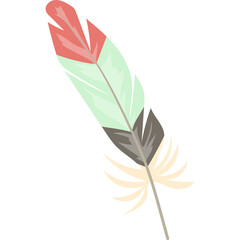 A Stylized Feather with Segments of Red Mint Green and Brown Against a Transparent Background in Flat Design Style