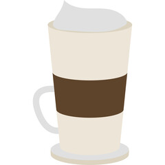 A tall glass of creamy coffee with whipped cream and a brown band on a white saucer isolated on a transparent background