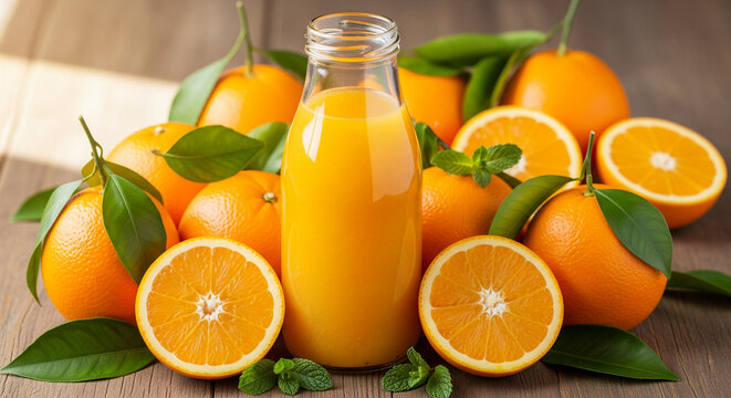 Fresh Orange Juice in Glass Bottle with Oranges and Green Leaves on Wooden Table