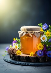 Rustic glass jar of natural golden honey with wooden dipper and wildflowers on dark background.