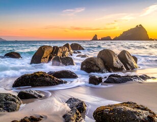Rocky coastline at sunset with golden hues over ocean