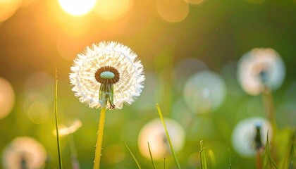 Close Up Macro View of a Dandelion Seed Head in Bright Golden Sunlight with Soft Bokeh Background and Dew Drops on Green Grass