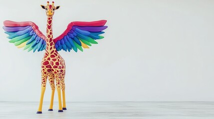 A Rainbow-Winged Giraffe Stands Boldly in a Minimalist Studio Setting