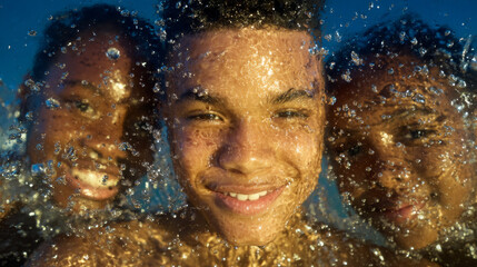 Fototapeta premium Three smiling teenagers underwater joyful expressions close up water droplets summer fun friendship sunlight outdoor activity carefree mood vibrant colors