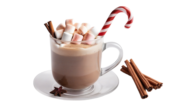 Christmas mug of hot chocolate with cream and sweets on a transparent background