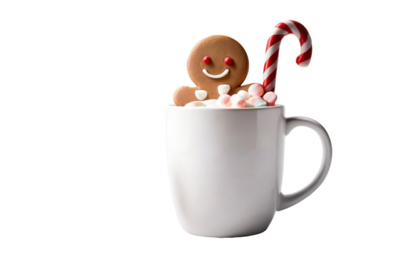 Christmas mug of hot chocolate with cream and sweets on a transparent background