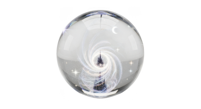 Crystal Ball Reflecting a Swirling Galaxy with a Castle and Crescent Moon sphere stars isolated on a transparent background - Powered by Adobe