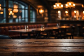 Rustic empty wooden table, Vintage pub interior, Dark wood counter, Restaurant space
