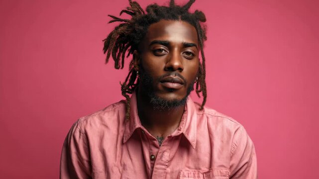 Young man with dreadlocks poses confidently against a vibrant pink background
