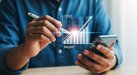 Man analyzing profit and cost growth on a smartphone with a digital pen.