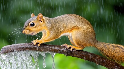 A Rainy Day Scene of a Squirrel Balancing on a Wet Branch in the Rainforest