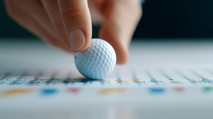 Close up of hand placing white golf ball on colorful chart, focus on texture and detail, evoking concentration and precision in indoor setting