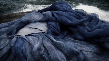 A rich array of deep blue fabric draped across wet rocks beside the restless sea