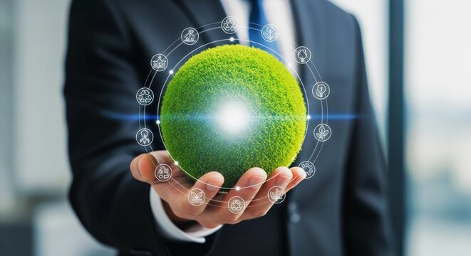A businessman in a suit holds a glowing green sphere representing sustainability and global connectivity in his palm.