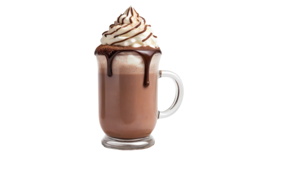 Christmas mug of hot chocolate with cream and sweets on a transparent background