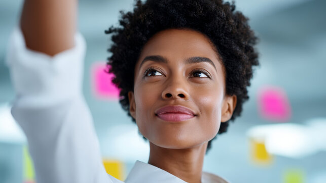 Confident woman upward tilt shot smiling natural afro hair business attire office background colorful sticky notes professional positive emotion leadership