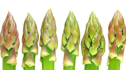 A row of bright green artichoke buds on sturdy stems displayed against a white background